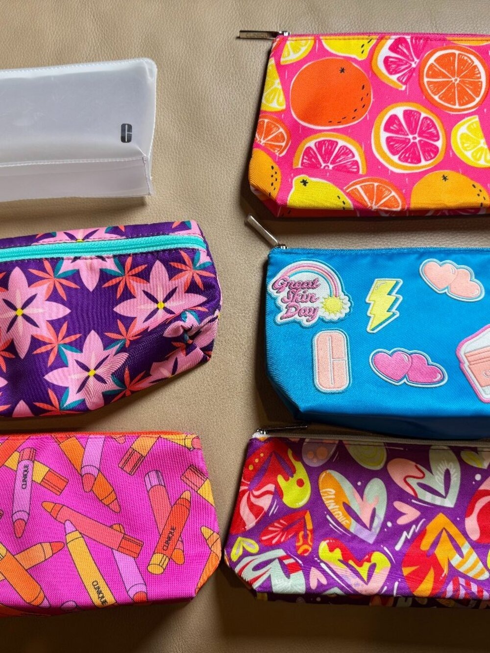 Clinique Cosmetic Makeup Bag Lot of 6 New Without Tags Colorful Travel Pouches